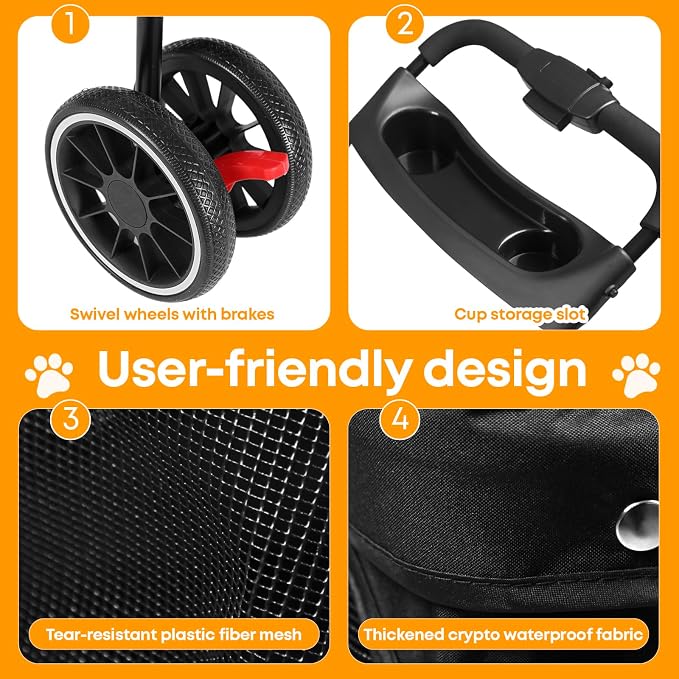 Pet Stroller,Dog Stroller for Small Medium Dogs Cats,3 Wheels,Black | Foldable,with Breathable Mesh Canopy,Cup Holders,Easy Assembly