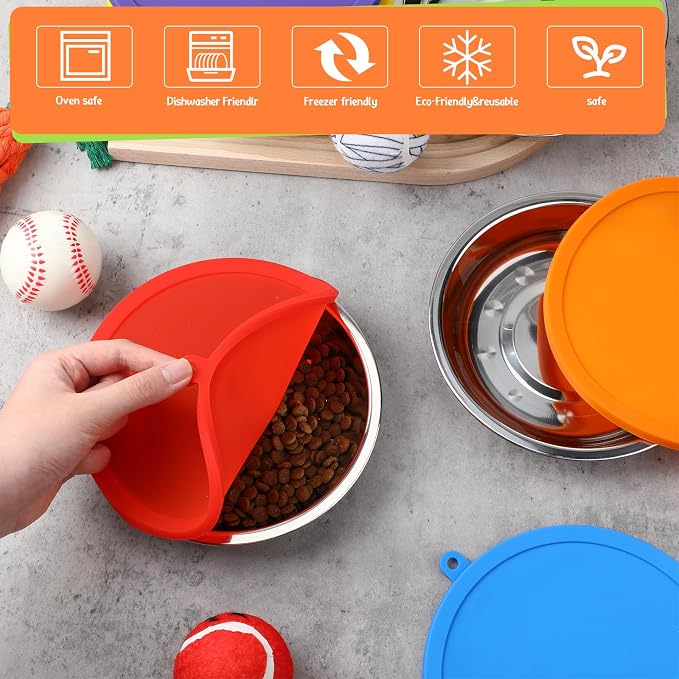 Patelai Stainless Steel Dog Bowls with Silicone Lids for 1.9 Cups Portable Food and Water Dishes for Pets Sealable Containers for 6.3" for Cats & Small Dogs(24 Pcs,Red,Blue,Green,Purple,Yellow,Orange)