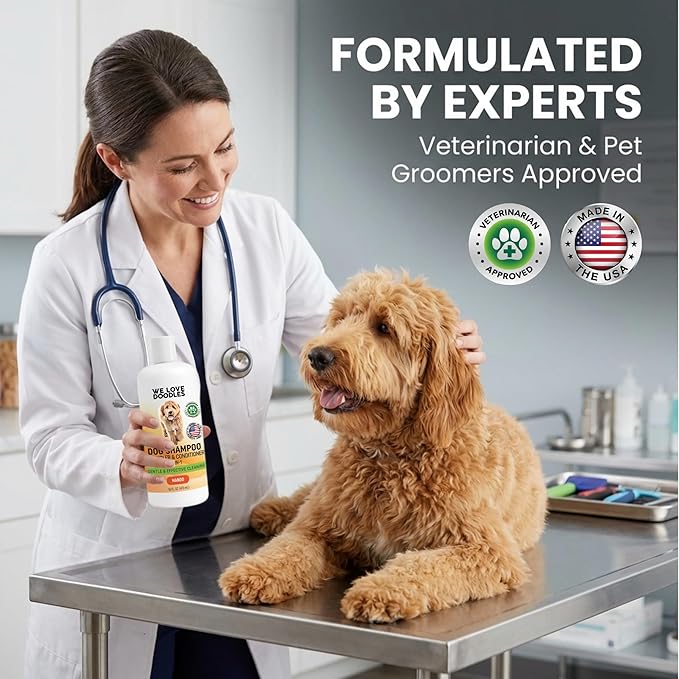 Dog Shampoo, Conditioner & Detangler - Best Shampoo for Goldendoodles, Poodles & Doodles Pet Hair - Hypoallergenic, Tearless, Sensitive Skin for Puppies & All Dog Breeds - Made in USA, 16OZ (Mango)