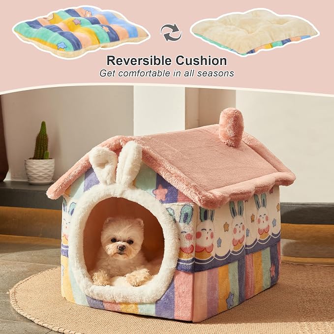 Cute Small Dog House Indoor,Foldable House Kennel Bed Mat with Cushion | L Size Tent for 11-16 lb Dogs and 18-22 lb Cats, Dog Cave Bed with Non-Slip Bottom,Rainbow,Soft Cozy Dog Cave Bed