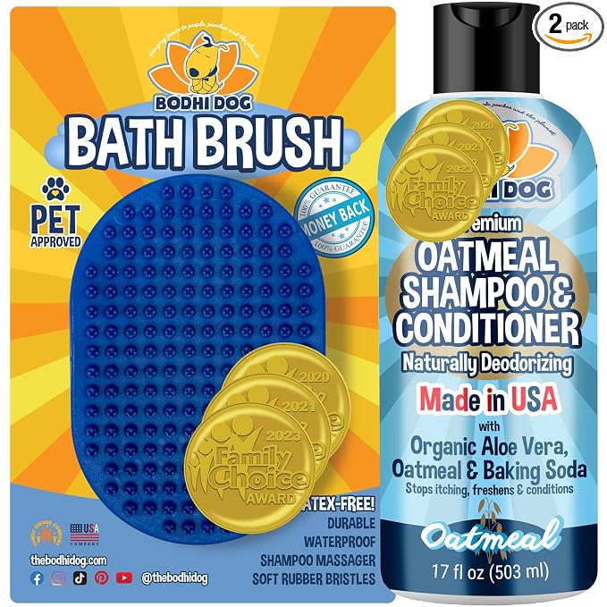 Bodhi Dog Grooming Bundle - Oatmeal Shampoo & Conditioner with Bath Brush for Shower, Showerhead, Sprayer & Bathing - Gentle Care for Long, Short & Curly Hair