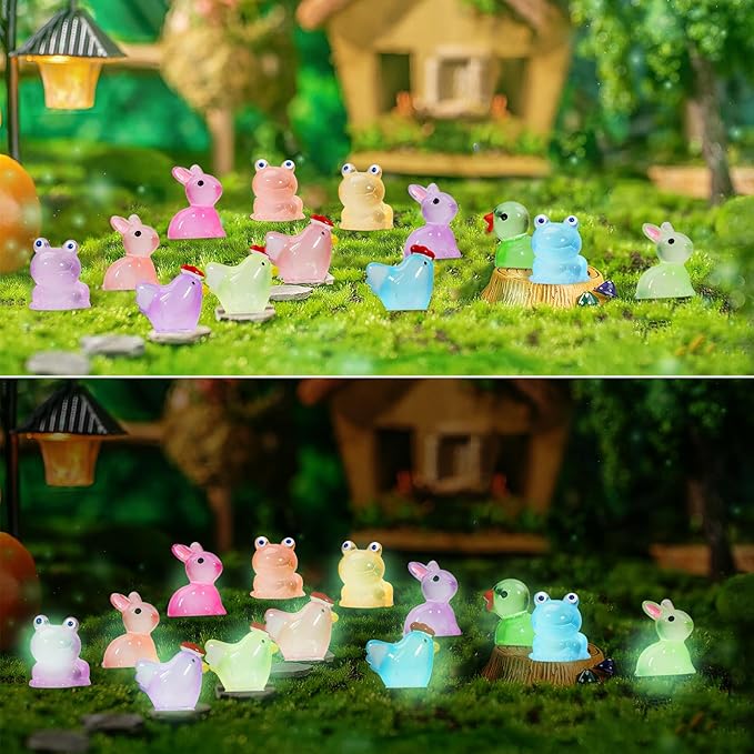 Mini Resin Animals to Hide 72 PCS Luminous Tiny Miniature Figurines Bulk Glow in The Dark Include Little Ducks Small Chicken Rabbits Frogs for Garden Micro Landscape Aquarium Potted