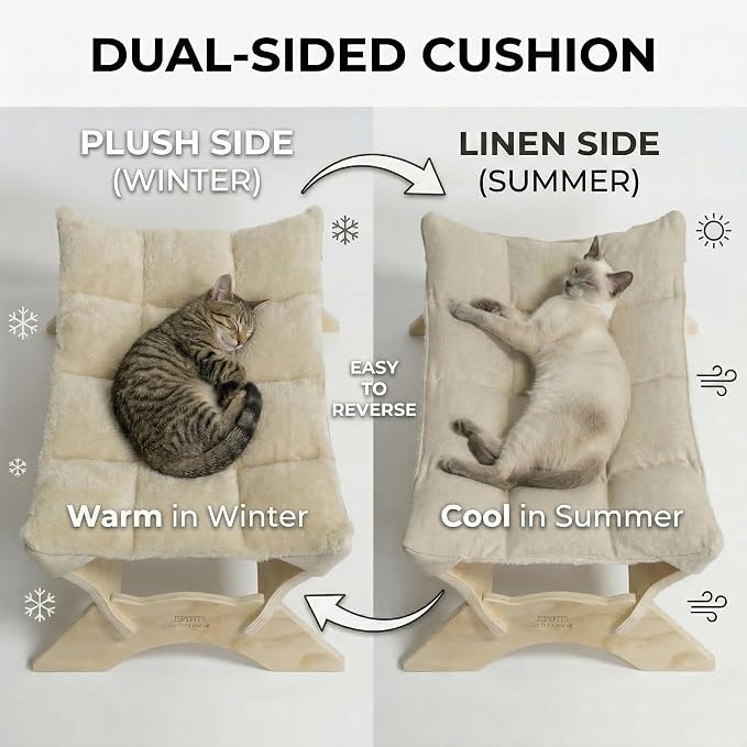 JSPYFITS Elevated Cat Bed Hammock, Raised Cat Bed with Dual-Sided Plush & Linen Cushion, Machine Washable & Breathable Cover Tool Free Easy Assembly, up to 66Lbs (Beige)