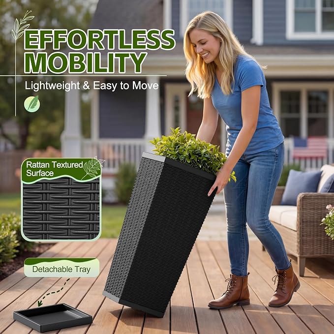Devoko Resin Tall Planters for Outdoor Plants Set of 2, Large Taper Outdoor Planter Pots with 4 Drainage Holes, Flower Pots Modern Decor for Porch, Patio, Backyard, Garden(Black, 30'' with Trays)