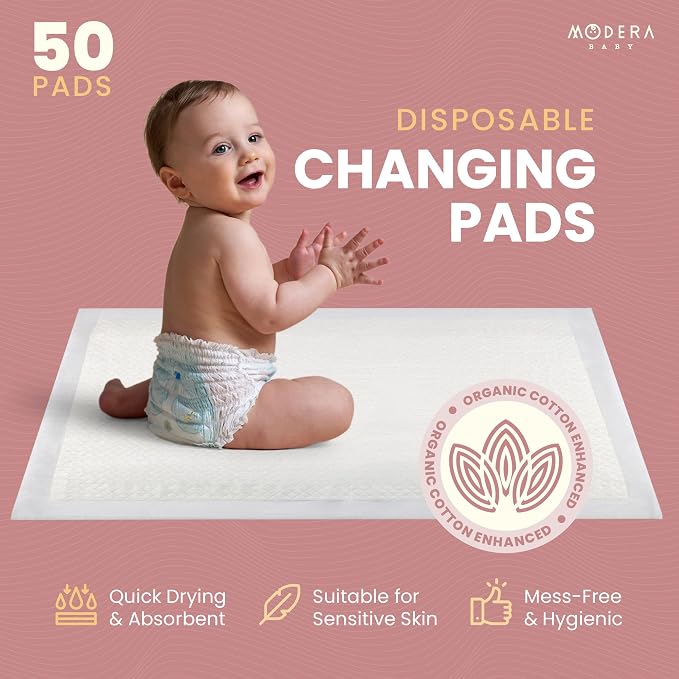 Organic Cotton Enhanced Disposable Changing Pad Liners | XL-Large 18x30 Hypoallergenic Super Soft Ultra Absorbent Waterproof Quilted Underpads for Baby Diaper Table/Travel, Leak Proof Mess Free-50PK