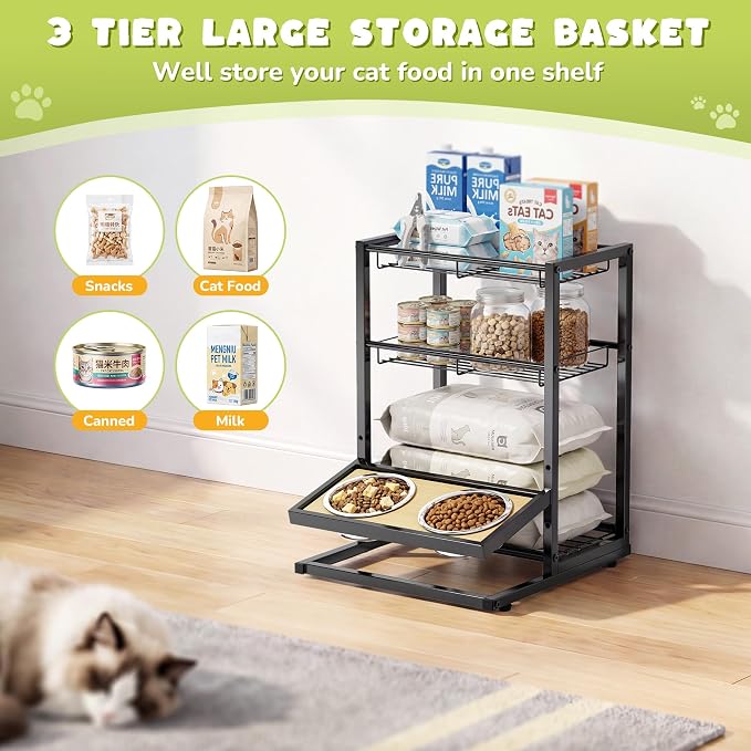 Elevated Cat Bowl Stand Feeding Station, 3-Tier Cat Food Organizer & Storage, Pet Feeding Station with Cat Table, Cat Food Stand for Large Medium Cats, 3 Height Adjustable, Black