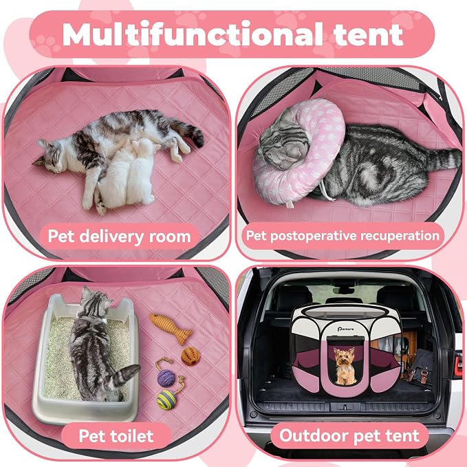 Persure Dog Cat Pet Playpen Puppy Crate Cage for Indoor Outdoor Travel | Nursing Rest Zone Recovering Pet Quarantine Room Portable Pop Up Easy to Set up lightweight Bag (Pink with Pad, Medium)