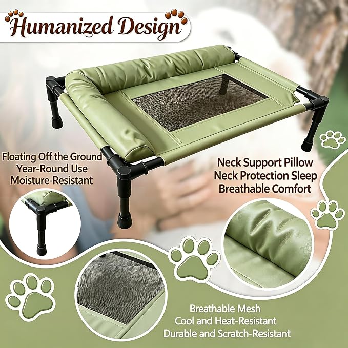 Raised Dog Beds for Small Dogs, Cooling Indoor Outdoor Elevated Bolster Dog Cot Hammock with Metal Frame Breathable Mesh, Portable Dog Sofa Camping Dog Bed (Green, 23.62 * 15.75 * 5.91)