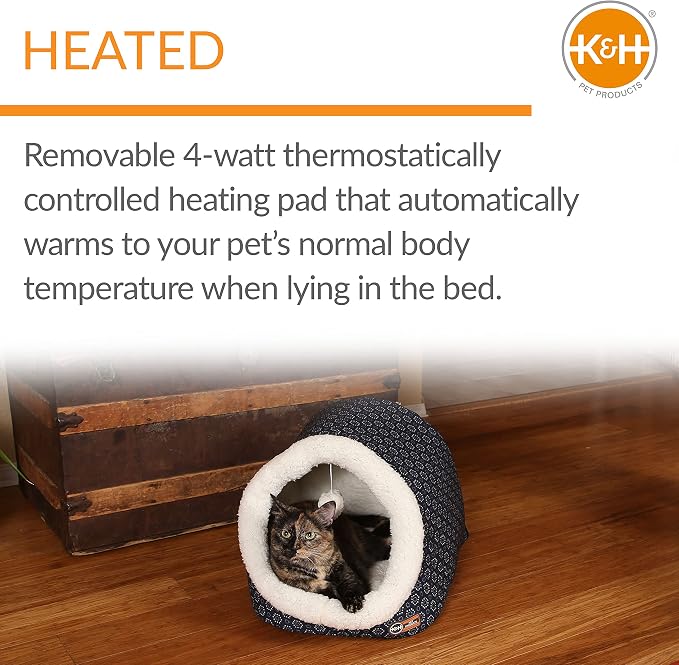 K&H Pet Products Thermo-Pet Cave Heated Cat Bed for Large Cats, Indoor Heated Warming Bed for Dog & Cat, Covered Cave Pet_Tent, Collapsible,Machine Washable,Safety Listed-17X15X13in Navy (Pack of 4)