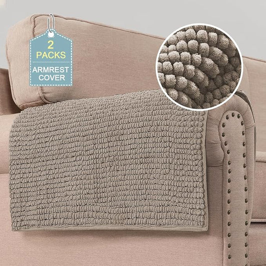 H.VERSAILTEX Plush Chenille Couch Armrest Cover 2 Packs Thick and Soft Sofa Covers Furniture Protector Cover for Pets (27.5" x 27.5", Taupe)