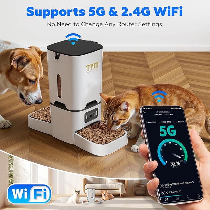 TYM Automatic Cat Feeder with 2 Camera for 2 Cats, 7L Dog Food Dispenser with Night Vision 2K 4MP, 5G WiFi Dual Auto Cat Feeder with Smart App for Multiple Cats & Small Dogs, Detachable for Clean