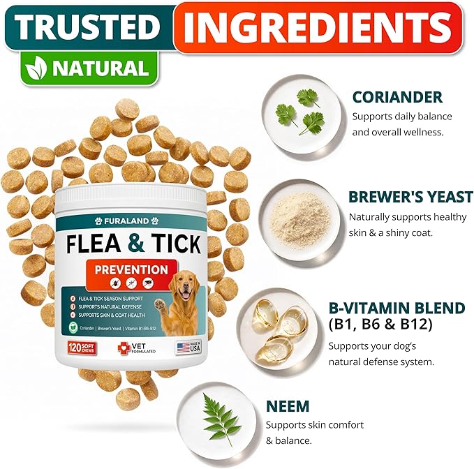 Flea and Tick Prevention for Dogs Chewables - Natural Dog Flea and Tick Treatment - Oral Control Pills - Vet Recommended Supplement - Skin & Coat Support Soft Chews - All Breeds & Sizes - Made in USA