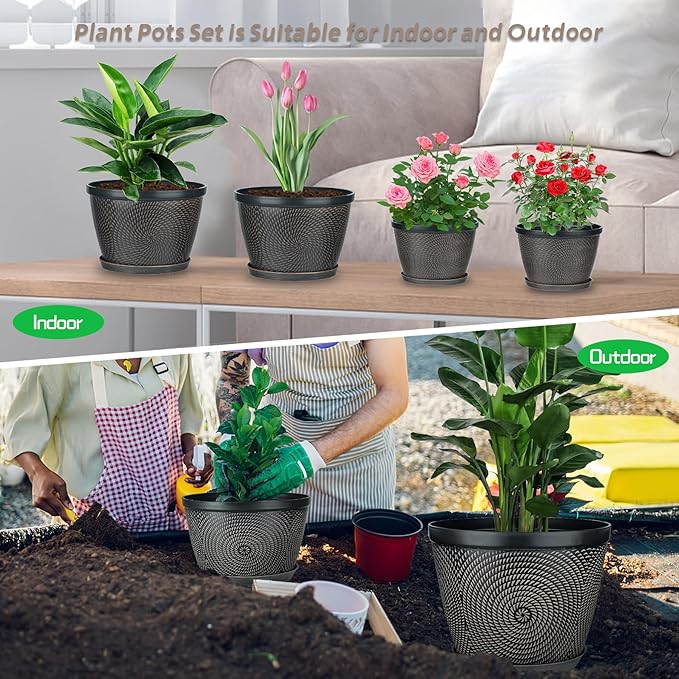 Quarut 4 Pack 6 Inch Flower Pots Planters for Outdoor Indoor | Plastic Plant Pots with Drainage Hole & Tray, Modern Decorative Garden Pot with Saucer, planters for House (Drak Bown)