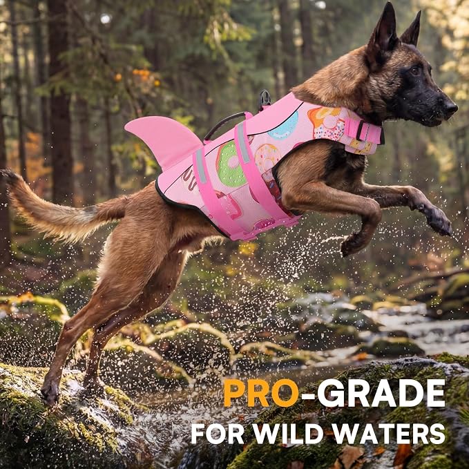 Dog Life Jacket, Dog Life Vest for Swimming, High Flotation Shark Swimming Safety Vest for Large Dogs, Reflective Pet Lifesaver Preserver with Rescue Handle, Pink Donut XL