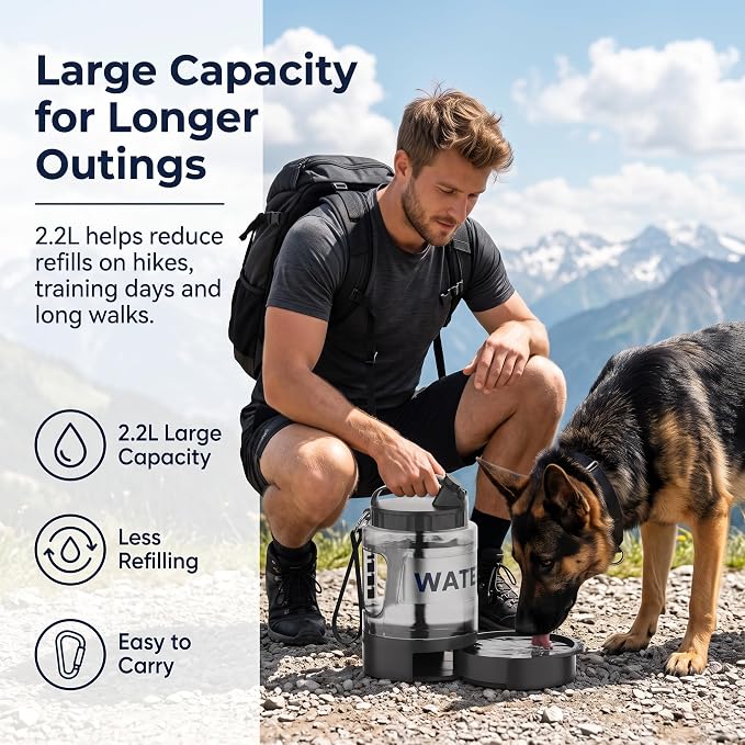 lesotc Portable Dog Water Bowl Dispenser - 77oz Travel Water Bottle | Pop-Out Drinking Bowl, No-Spill Design for Camping, Hiking & Car Rides - Keep Your Dog Hydrated Anywhere, Black