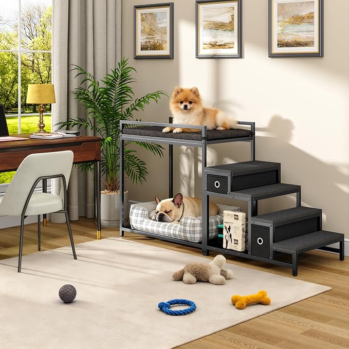 kepptory Pet Bunk Bed with Stairs and Storage, Dog Beds Attachment to Human Bed, Bedside Dogs Cot for Small, Medium Cats & Dogs, Pet Window Perch (Black)
