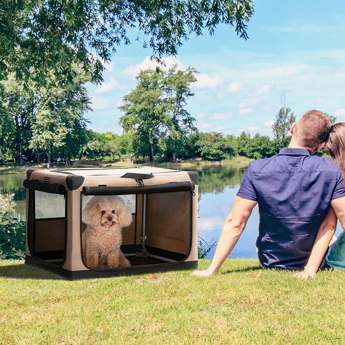 PETSFIT 26" Soft Portable Dog Crate – Patented Spiral Sturdy Frame, Collapsible Travel Kennel for Small Dogs, 3 Mesh Door, Lockable Zippers, Indoor & Car Use Khaki