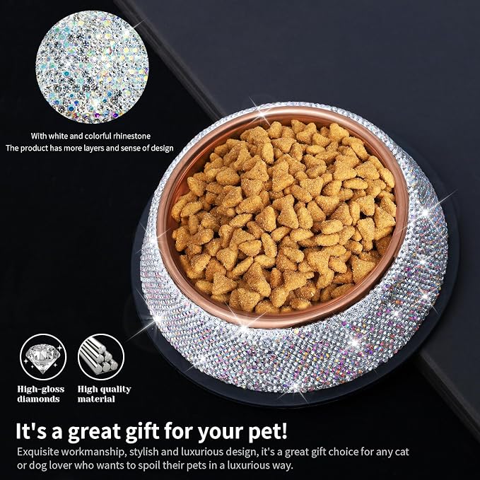Sparkly Full Rhinestones Designed Rose Gold Stainless Steel Pet Bowl - Stylish and Practical Diamond Food Water Dishes Bowls for Small Medium Large Cats Dogs Rabbits