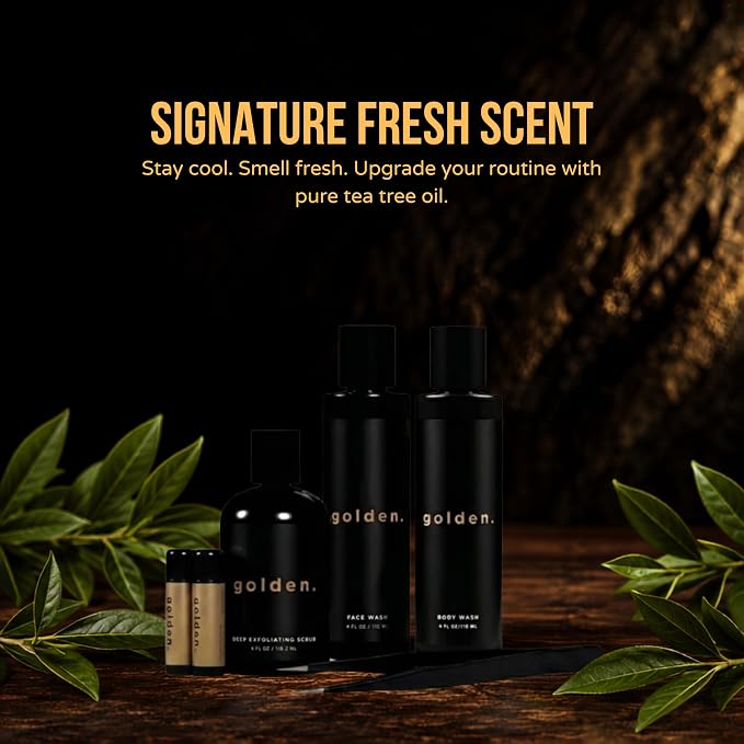 Golden Grooming Co. Essential Skincare Set for Men | Complete Face & Body Care Kit with Face Wash, Exfoliating Scrub, Body Wash, Tweezers & Lip Balms
