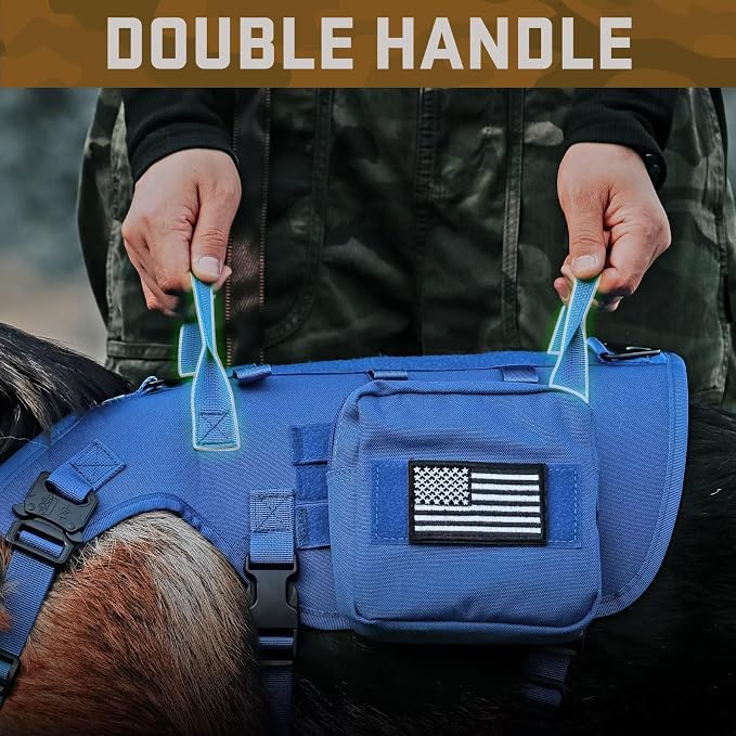 Forestpaw Tactical Dog Harness for Large Dogs,Tactical Dog Collar with Bungee Leash Set,No Pull Military Dog Harness for Walking Training,Adjustable for Medium Large Dogs,Blue,Chest 27-40"