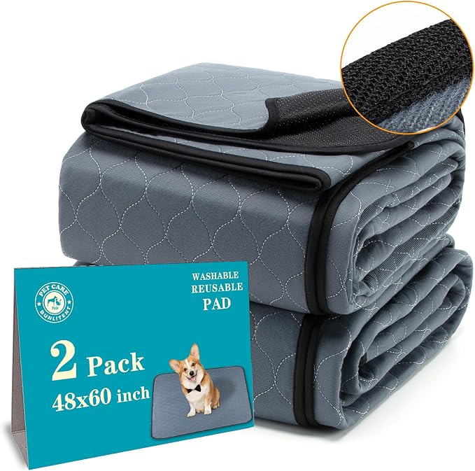 Bunlitent Washable Pee Pads for Dogs, 48x60, 2 Pack, Reusable Puppy Pads | Reusable, Quick Dry, Anti-Slip, Large, Waterproof, Whelping Pad for Pet, Playpen, Incontinence, Housebreaking, Training, Grey
