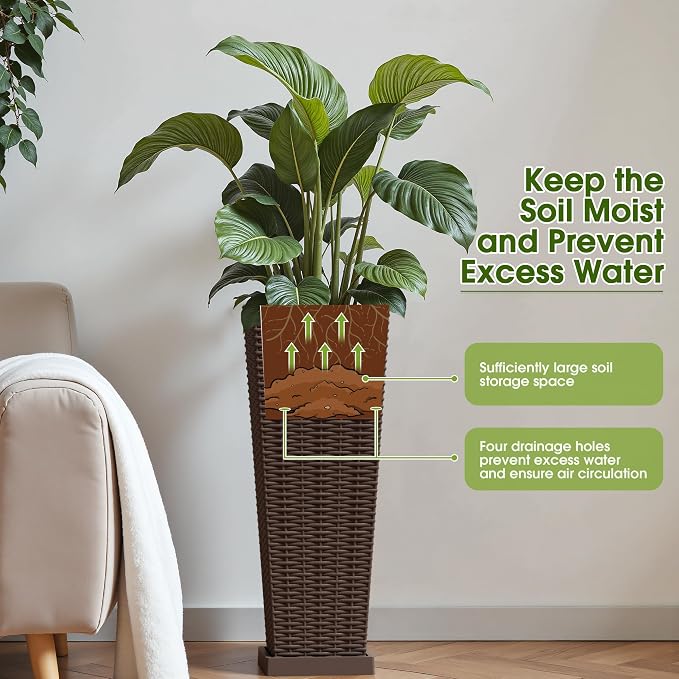 Devoko Resin Tall Planters for Outdoor Plants Set of 2, Large Taper Outdoor Planter Pots with 4 Drainage Holes, Flower Pots Modern Decor for Porch, Patio, Backyard, Garden(Brown, 23.6" with Trays)