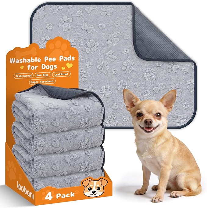 LOOBANI Washable Puppy Pads Waterproof 18"x24", 4 Pack, Gray | Soft Reusable Pee Pads For Dogs, Floor, Crate, Bed, Incontinence, Housebreak, Fast Absorbent, Non-Slip, Leakproof