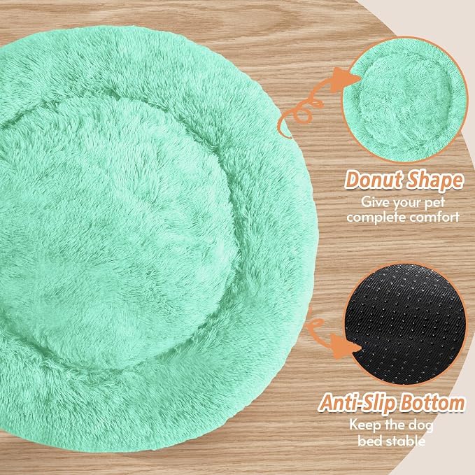 JOLLYVOGUE Calming Dog Beds Large Sized Dog, 36in Donut Washable Large Pet Bed, Anti-Slip & Anti-Anxiety Fluffy Faux Fur Round Dogs Bed, Fits up to 80 lbs Pets (Mint Green)