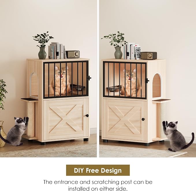 Dog Proof Cat Feeding Station, Dog Proof Cat Feeder, Cat Food Table,Nature | Cat Feeding Station with Scratching Post, Elevated Cat Food Bowls with Stand, Pet Food Storage Cabinet, Cat House Furniture