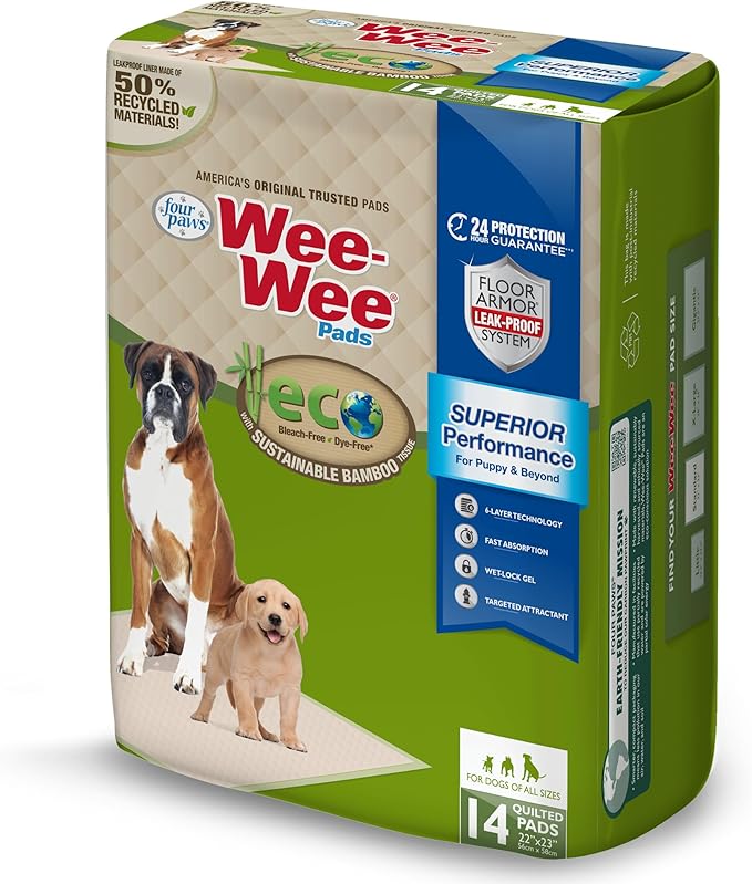 Four Paws Wee-Wee Superior Performance Eco Bamboo Dog Pee Pads, 14 Count | Earth friendly, bleach-free, dye-free, dog & puppy potty training pads, leak-proof, 24-hour protection pee pads, 22" x 23"