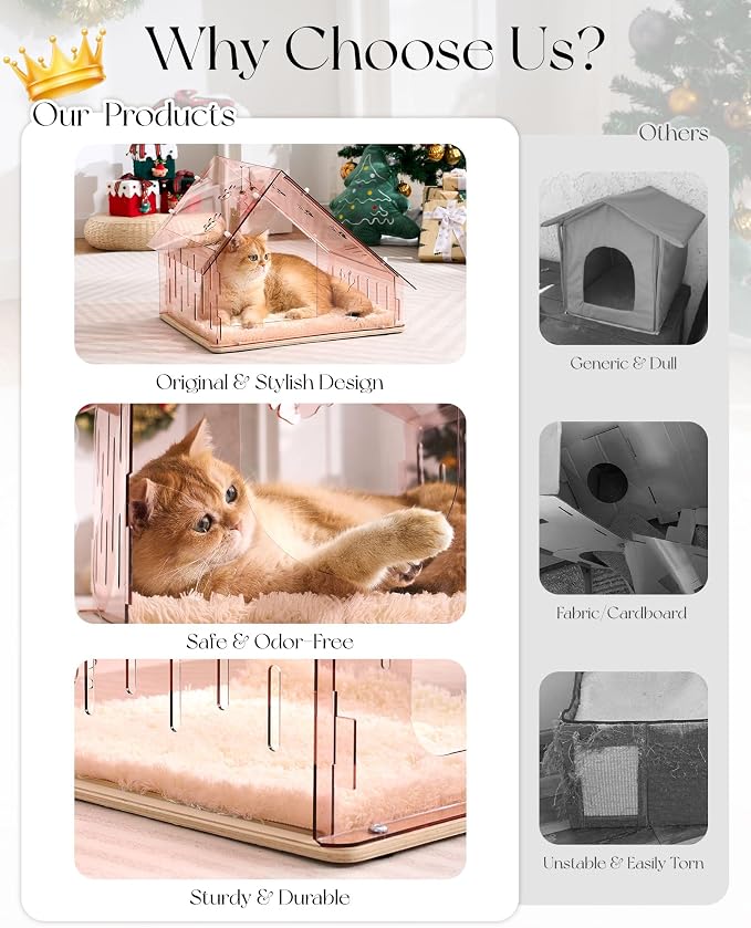 Acrylic Cat House for Indoor Cats, Transparent Cat Bed Cave with Plush Cushion & Hanging Toys, Modern Ventilated Cat Condo with Sturdy Wooden Base for Adult Cats & Kittens up to 12 lbs, Pink