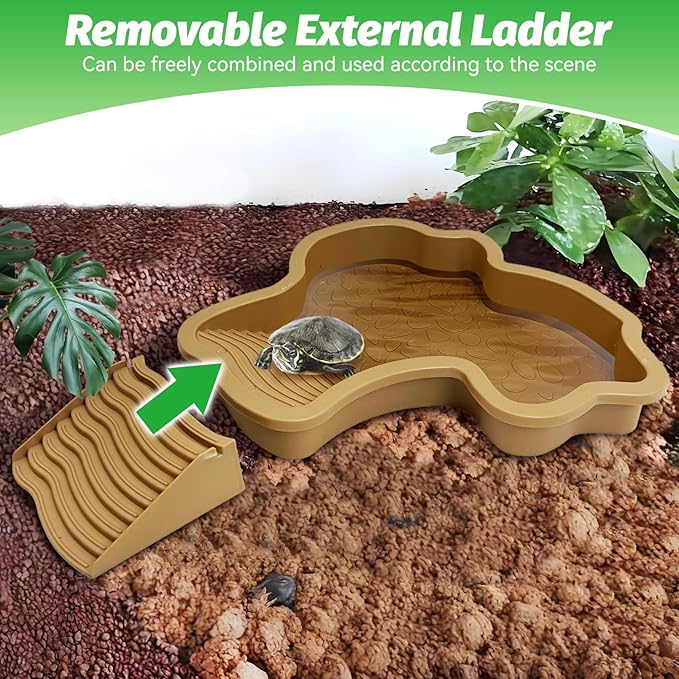 PINVNBY Large Reptile Bathing Pool Tortoise Water Dish with Removable Ramp and Leaf Reptile Food Dish & Water Bowl Tortoise Habitat Accessories for Turtle Lizard Gecko Snake (Yellow)