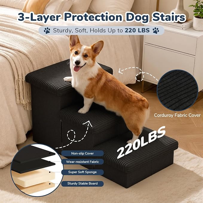 3-Step Wide Dog Stairs 18" H with Removable Cover, Non-Slip Storage Pet Steps for High Bed Couch, Pet Stairs for Small/Medium/Large Old Dogs Puppy Up to 200lbs, Cat Dog Steps for Car, Black