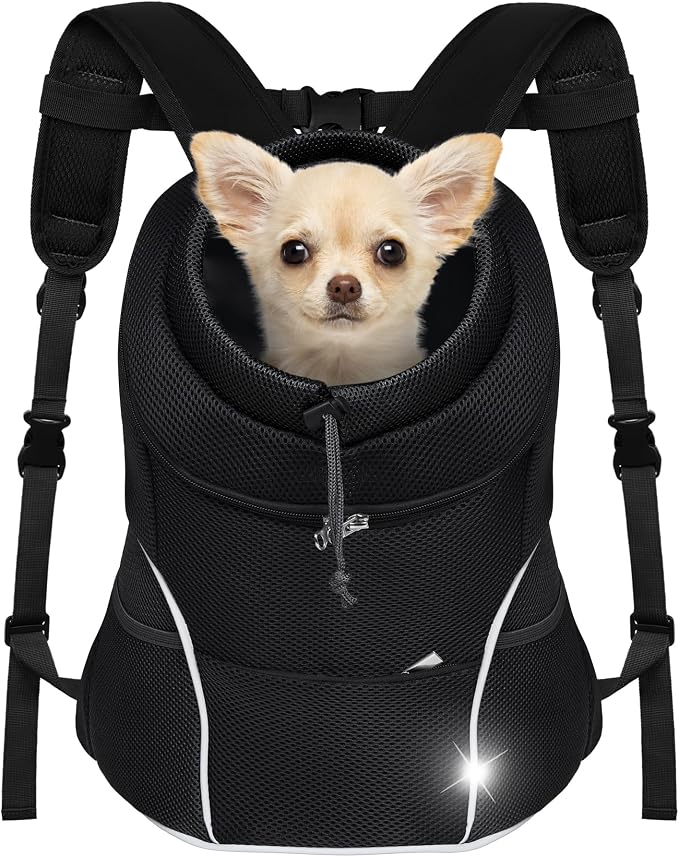 YUDODO Dog Front Carrier Backpack, Adjustable Breathable Dog Backpack | Ventilated, Safety Belt, Lightweight, Reflective Strip, Pocket Storage, For Walking Hiking Outdoor, Jet Black, M