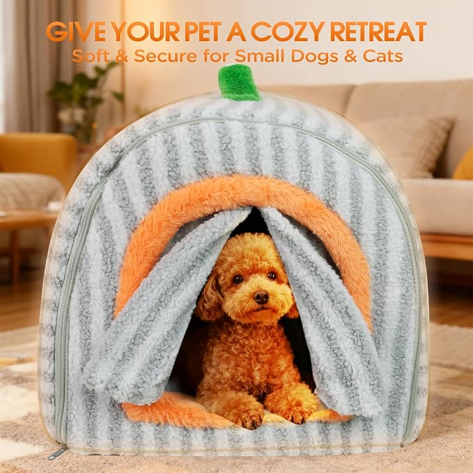 Dog House Indoor for Small Dogs, Grey, S | 2-in-1 Enclosed Dog Bed with Cover Cave & Curtain, Dog Tent with Plush Washable Cushion, Inside Dog House for Pets
