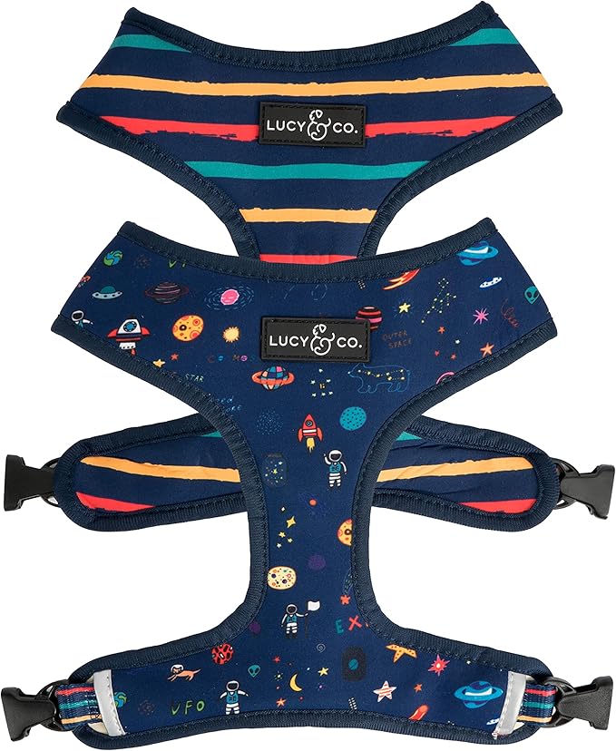 Lucy & Co. Reversible Dog Harness - Water-Repellent Neoprene, Dual-Print Design, Easy Swap Style, Adjustable Comfort Fit - Space Doodle Reversible Harness - Small