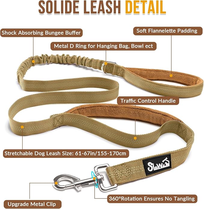 SlowTon No Pull Dog Harness with Front Clip - Heavy Duty, Soft Padded | Neck & Chest Adjustable, Tactical Pet Vest and Leash Set for Large Medium Sized Dogs, for Easy Walk & Training, Tan M