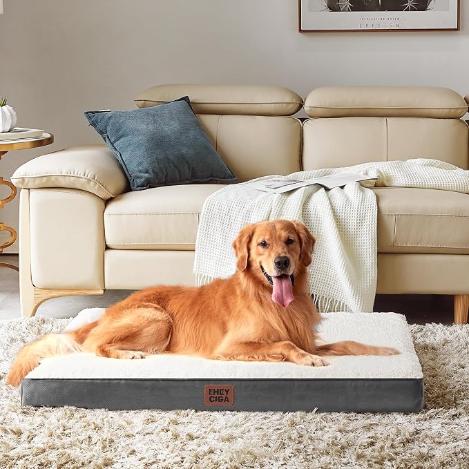 EHEYCIGA Orthopedic Dog Bed Large with Removable Washable Cover, 36IN Beige | Egg Crate Foam Support, Durable Oxford fabric, Non-Slip Bottom, Machine Washable, Soft Waterproof Plush Pet Bed Mat For Crate