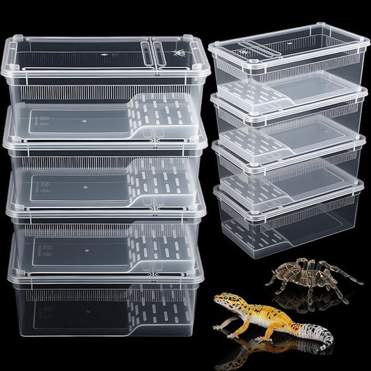 Irenare 8 Pcs Reptile Breeding Box Plastic Spider Terrarium Tarantula Feeding Box for Bearded Dragon Lizard Spider Gecko Scorpion (Vent Strips,Clear,8.6 x 5.1 x 3.1 Inch)