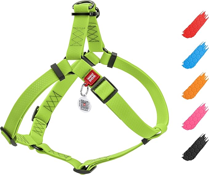WAUDOG Waterproof Harness - Adjustable for Large, Medium & Small Dogs - Heavy Duty with Metal Clasp, QR Tag - Green (24-35in)