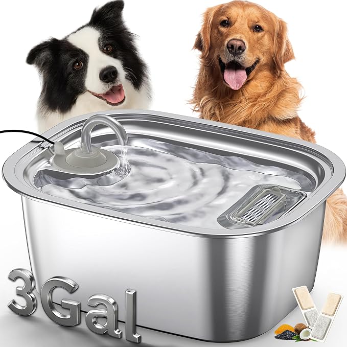 3 Gallon Stainless Steel Dog Water Fountain for Large Dogs, 11L Automatic Pet Water Dispenser with 2 Filters, Top-Fill Water-Level Window and Quiet Pump for Multiple Pets
