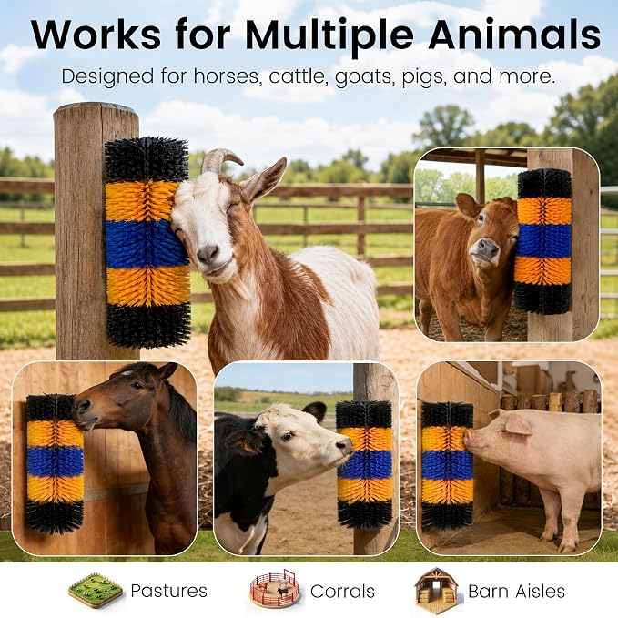 2PCS Livestock Scratching Brush for Goat, Heavy-Duty Post Grooming and Massage Scratch Brushes for Cow Donkey Goats Horse Sheep, with 8 Screws for Back Itch Relief & Keep Cleaning, 17" x 7.9"