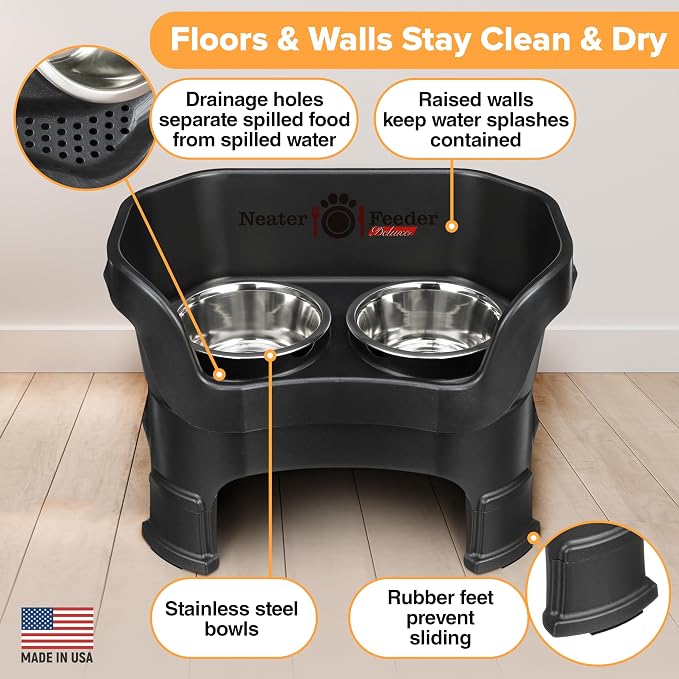Neater Feeder Deluxe Mess-Proof Elevated Dog Bowls for Medium Dogs (19–40 lbs), 2 Height Adjustable (10” & 12.5”) No-Spill Raised Dog Bowl Stand, Stainless Steel Food Bowl Set, Made in USA, Black