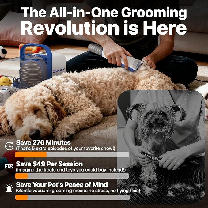 Buenkee Dog Grooming Vacuum Kit, 15000Pa Clipper, Shedding Brush, 2L, White | Brush, trim and deshed at home with less flying fur, mess-control suction and fewer emptying breaks during longer sessions