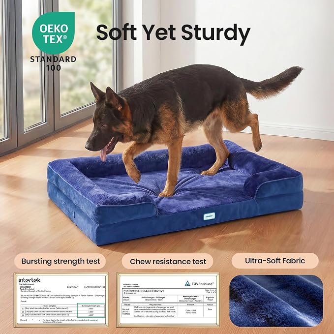 OhGeni Orthopedic Extra Large Dog Bed Couch, Memory Foam, 44-inch (Blue) | Waterproof Pet Bed with Machine-Washable Removable Cover & Soft Comfortable Fabric