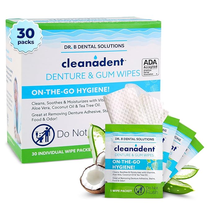 Dr. B Dental Solutions Cleanadent Wipes - Convenient Denture Cleaning Wipes, Refreshes Gums, No Artificial Colors/Flavors - 30 Count