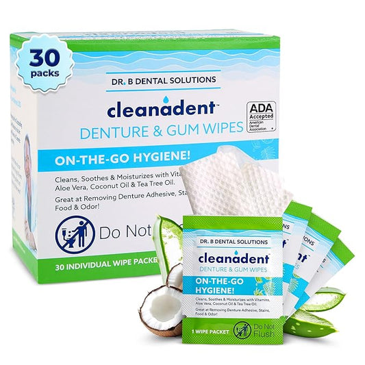 Dr. B Dental Solutions Cleanadent Wipes - Convenient Denture Cleaning Wipes, Refreshes Gums, No Artificial Colors/Flavors - 30 Count