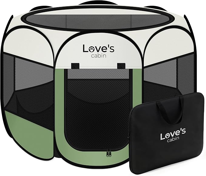Love's cabin Pet Puppy Dog Playpen, Medium Dog Tent Crates Cage Indoor/Outdoor, Portable Playpen for Cat, Foldable Pop Up Dog Kennel Playpen with Carring Case, Removable Zipper Top, Olive Green