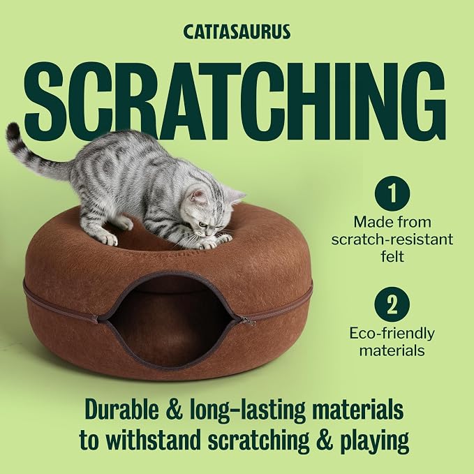 Peekaboo Cat Cave Donut for Multiple & Large Cats up to 30-45 lbs, 3-in-1 Self Warming Cat Bed, Tunnel & Scratcher for Indoor Cats, Washable & Detachable Small Dog Bed (Brown, Large)