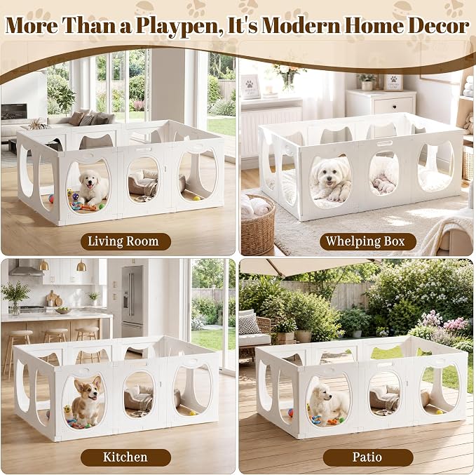 Clear Acrylic Dog Playpen Indoor with Toy & Door (24" H, 10 Panels, White) | Transparent Puppy Playpen for Dogs, Cats, Rabbits or Small Pets, Indoor Modern Dog Play Pen for Home, Easy Clean & Assemble